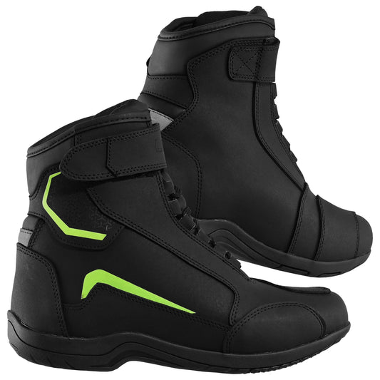 Black high-top sports boots with neon green accents and velcro straps, side view