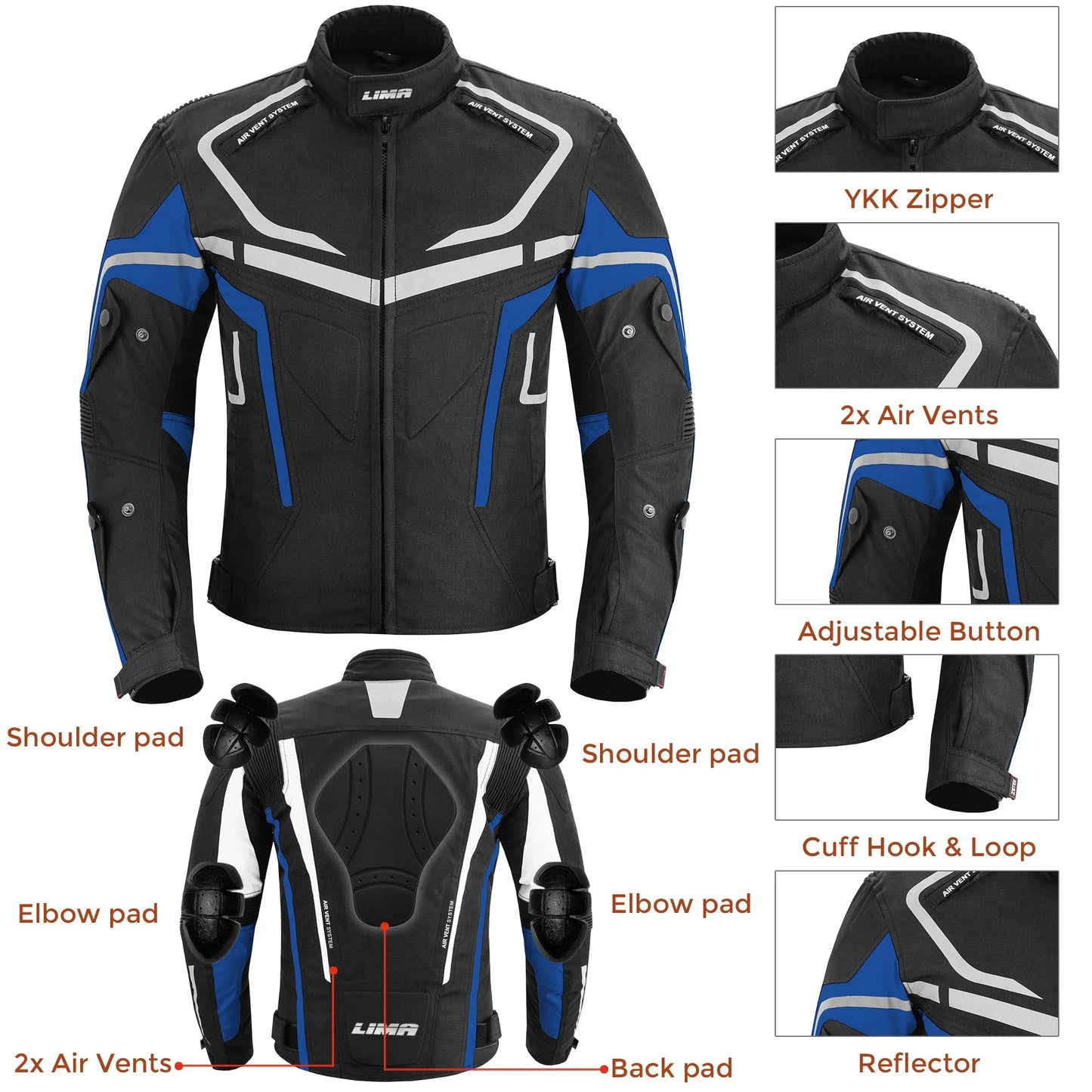 Black and blue motorcycle jacket with shoulder, elbow, and back pads, air vents, and reflective details.