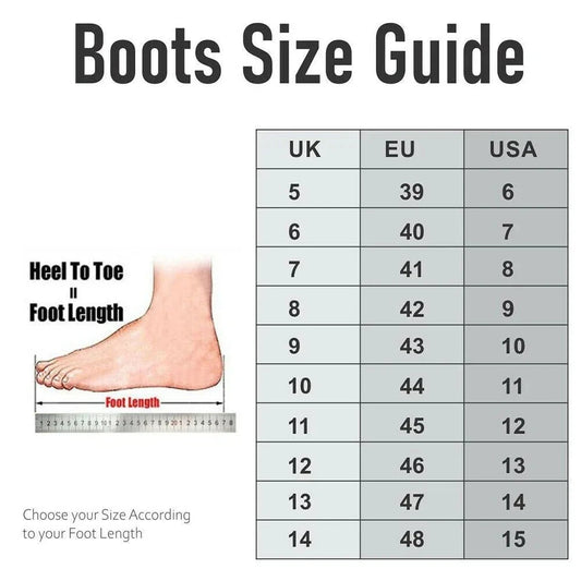 Boots size chart with UK, EU, USA conversions and foot length measurement guide.