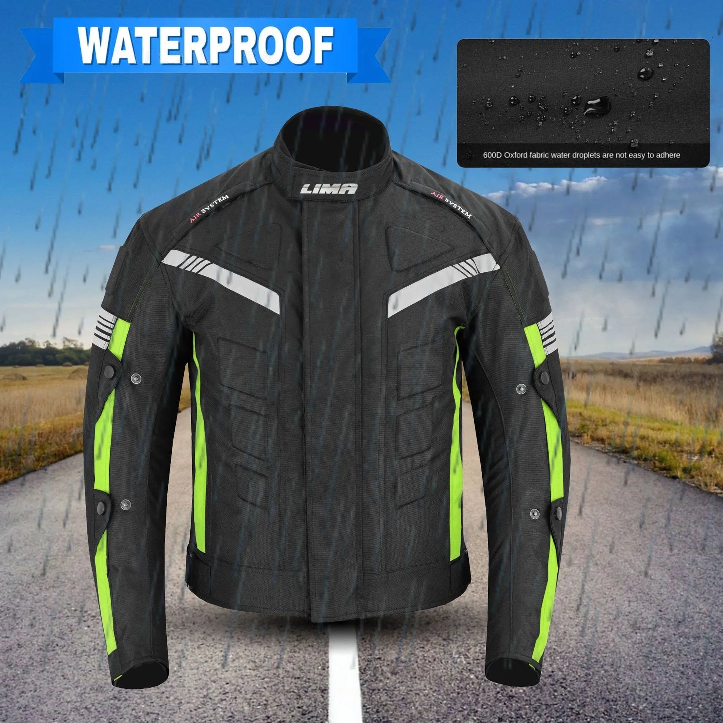 Waterproof black and neon green motorcycle jacket in rain on open road, durable fabric shown.