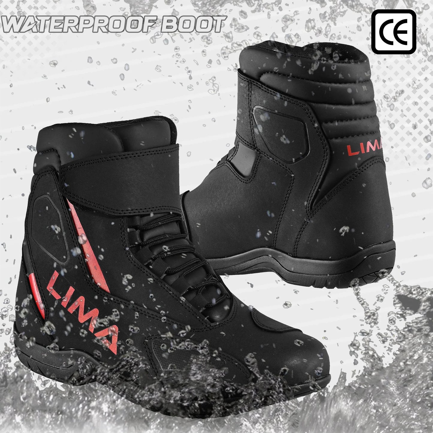 Waterproof black motorcycle boots with red accents, splash resistant, CE certified