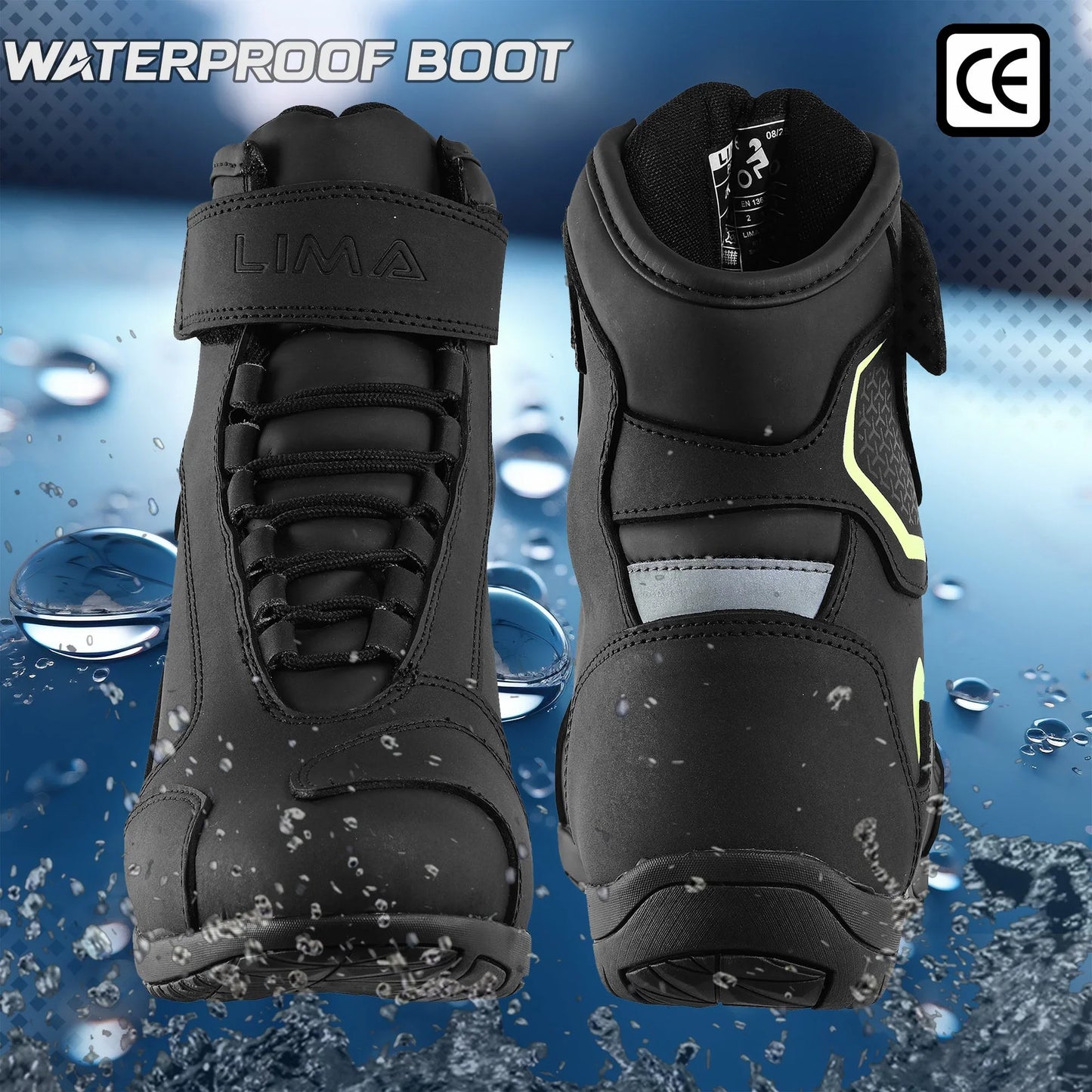 Black waterproof sports boots with reflective accents and water splash, CE certified