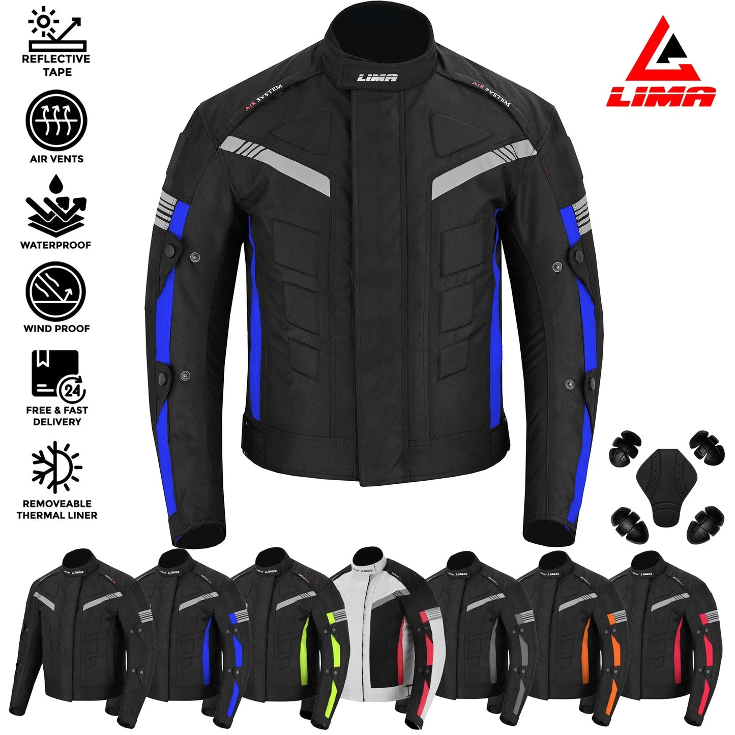 Men's waterproof windproof motorcycle jackets in multiple colors with reflective stripes, armor, and removable liner.