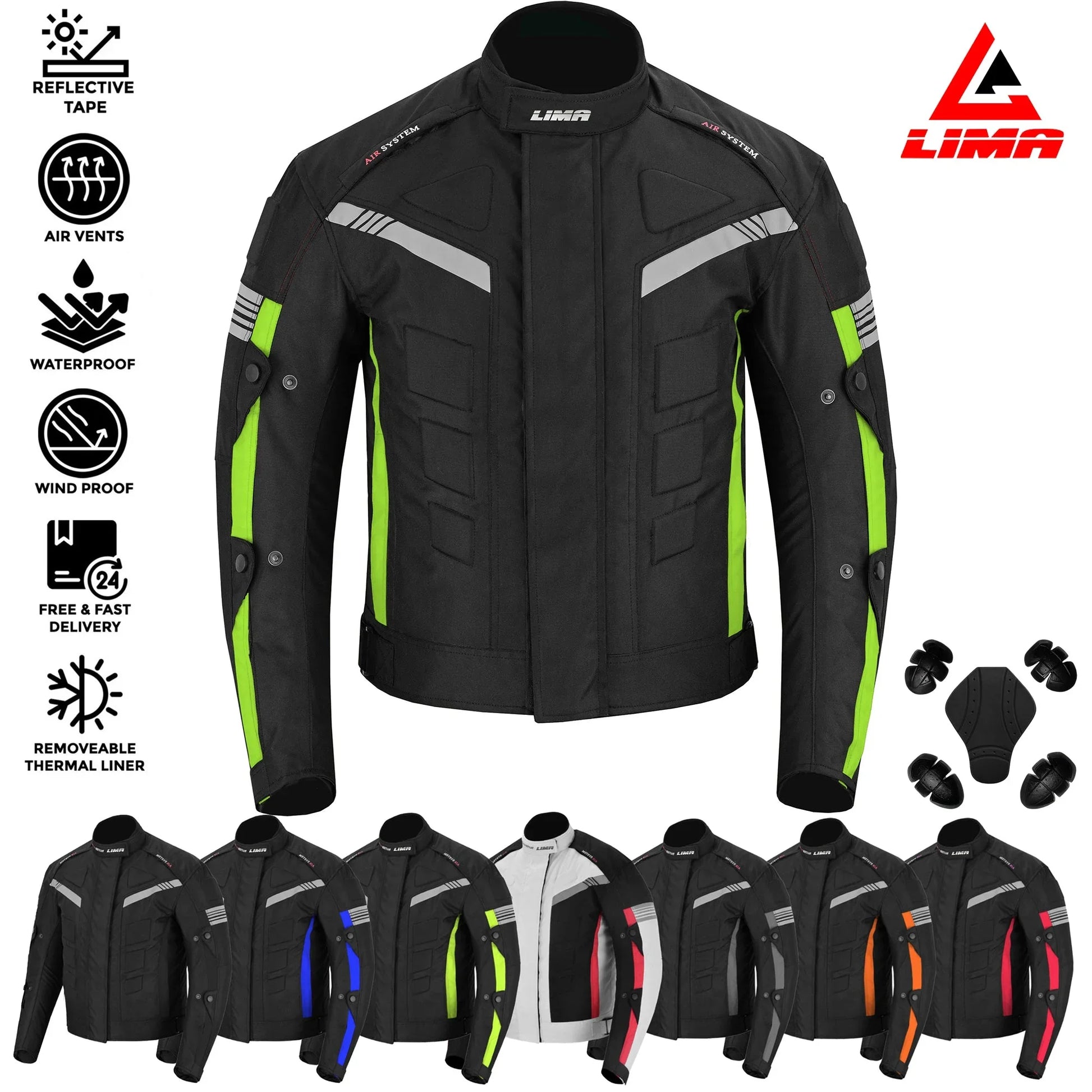 Waterproof windproof motorcycle jacket with reflective tape, air vents, and multiple color options