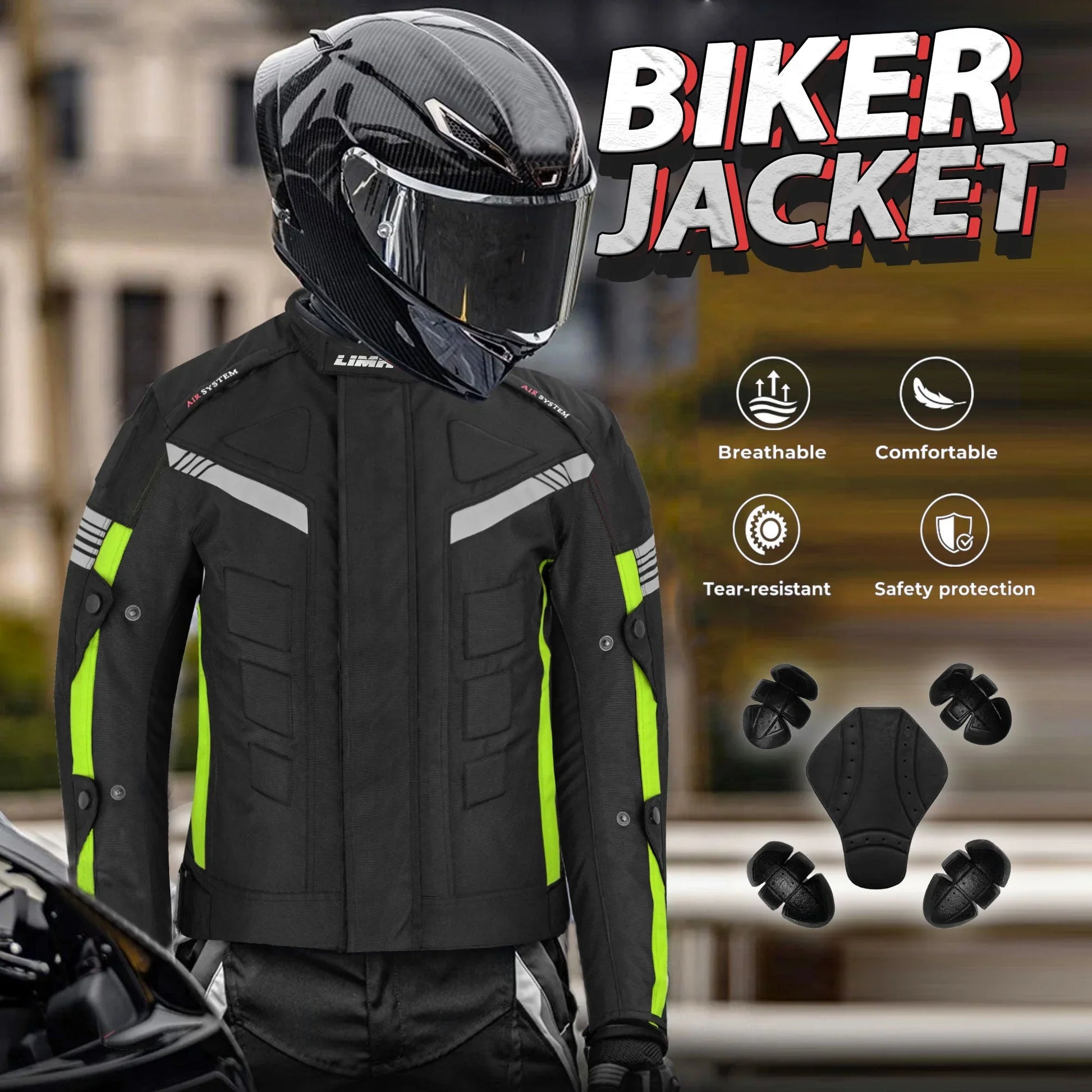 Motorcycle rider in black helmet and neon-accented biker jacket with safety protection features