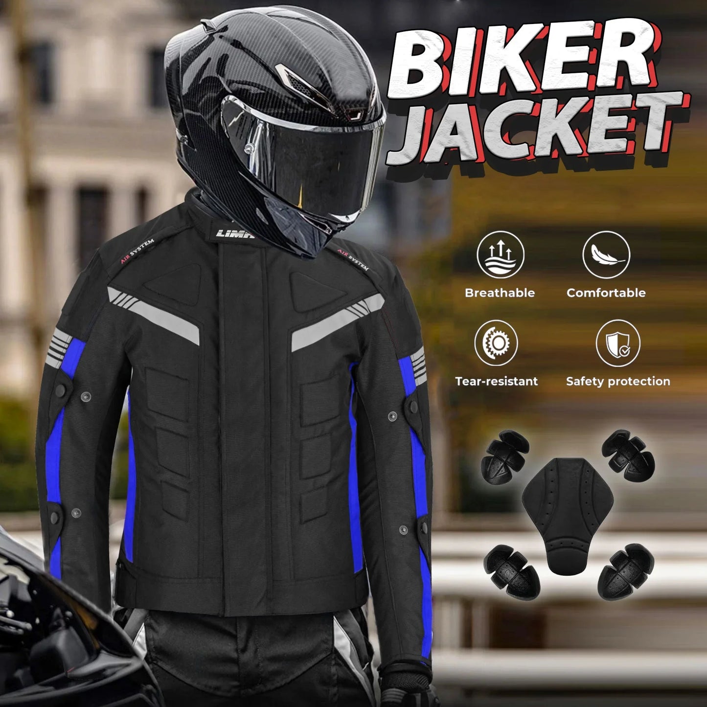 Motorcycle rider wearing a black and blue biker jacket with helmet, safety pads, and jacket features icons.