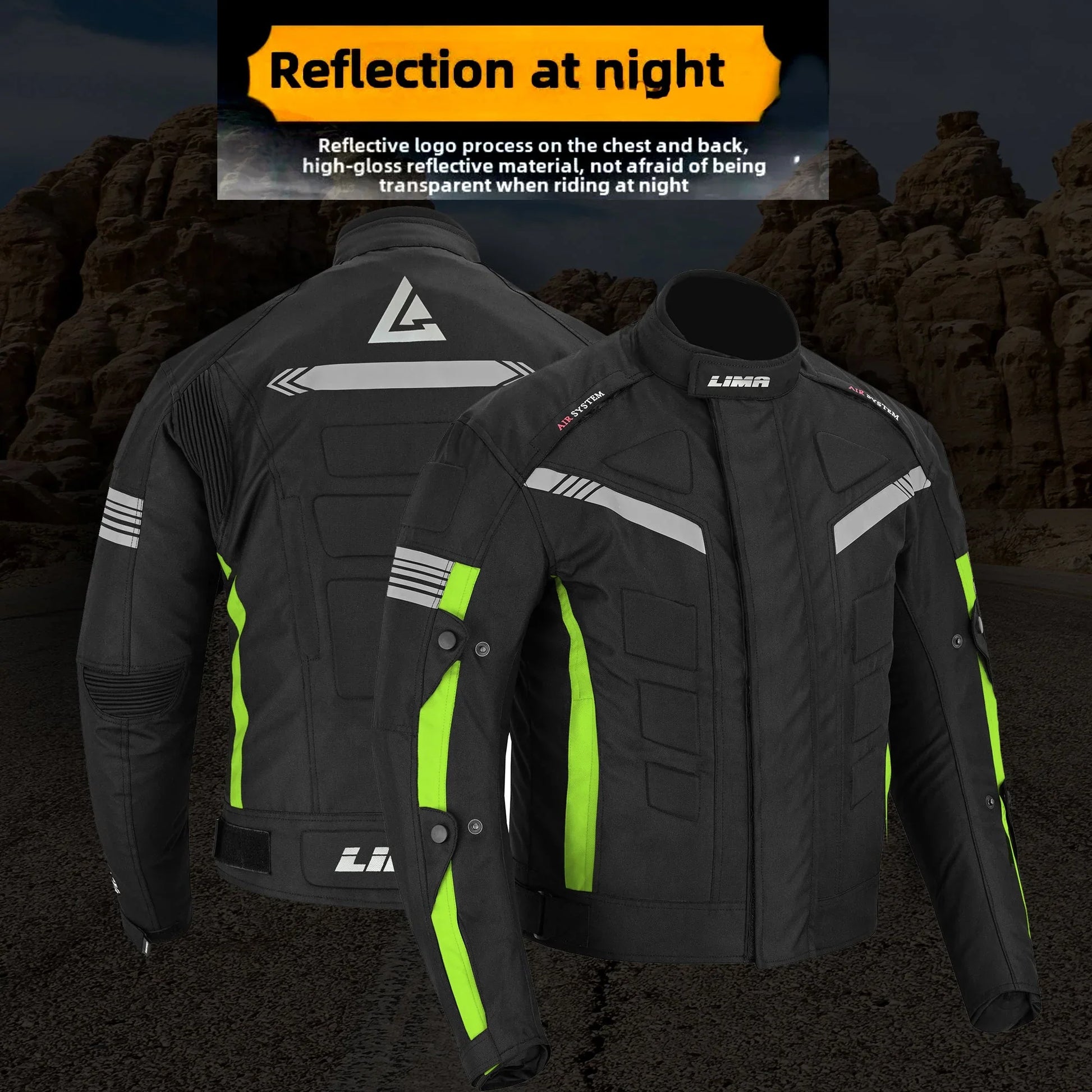 Black motorcycle jacket with reflective strips and neon green accents, front and back view