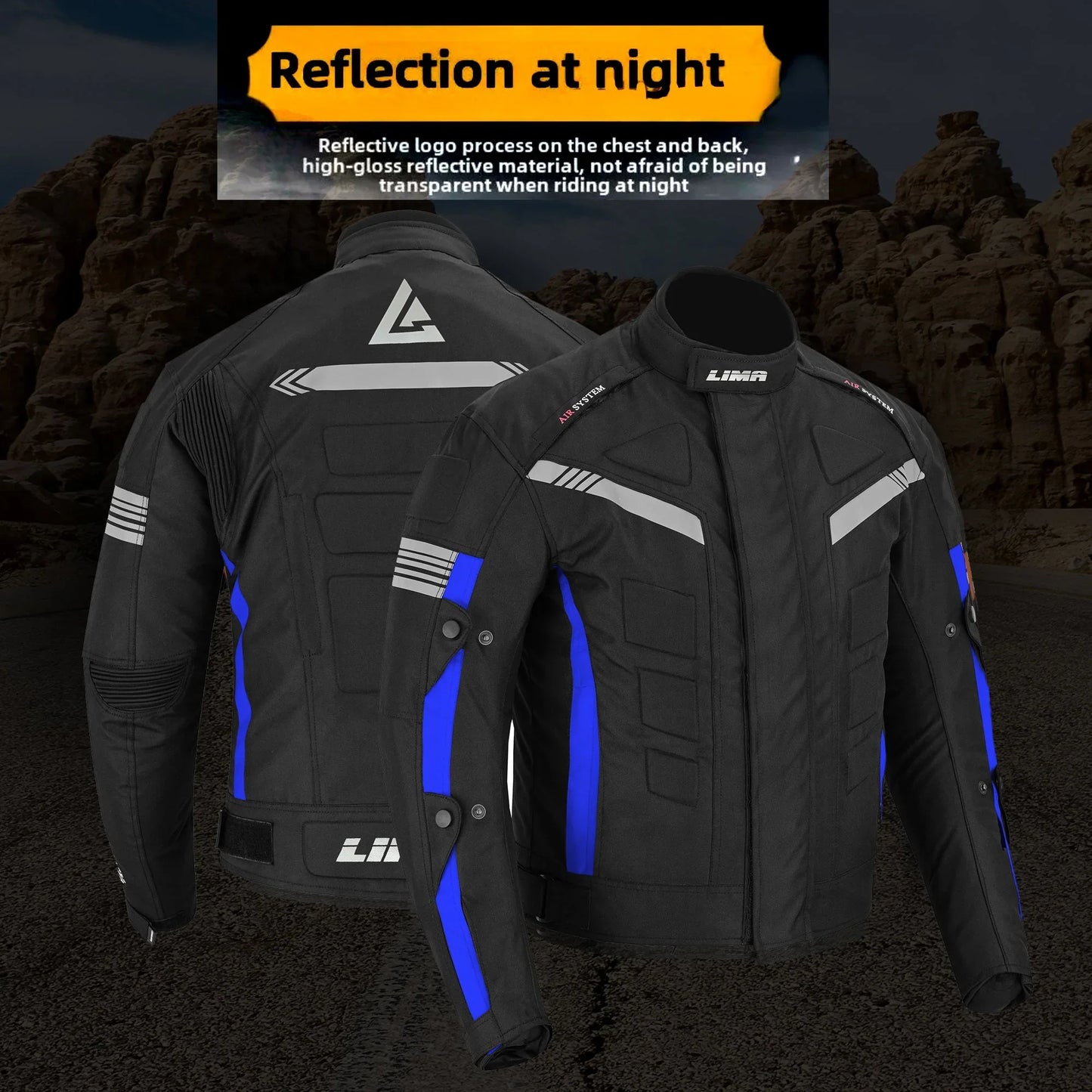 Reflective black and blue motorcycle jackets with safety stripes, designed for night riding.