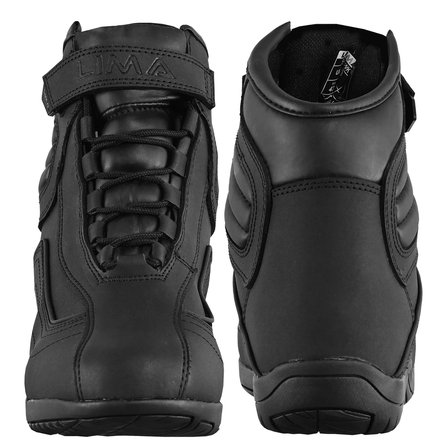 Black high-top sports shoes with laces and velcro strap, front and back view