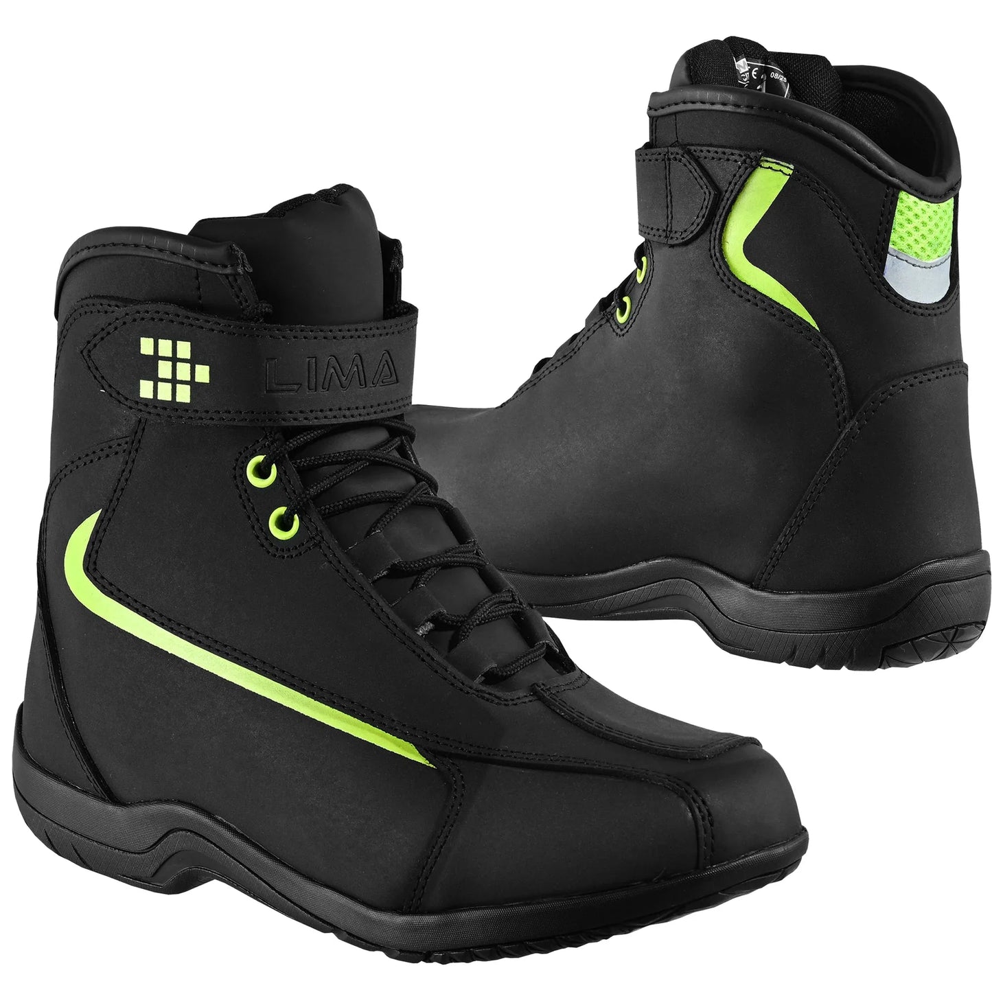 Black sports boots with neon green accents, high-top design, and side branding.
