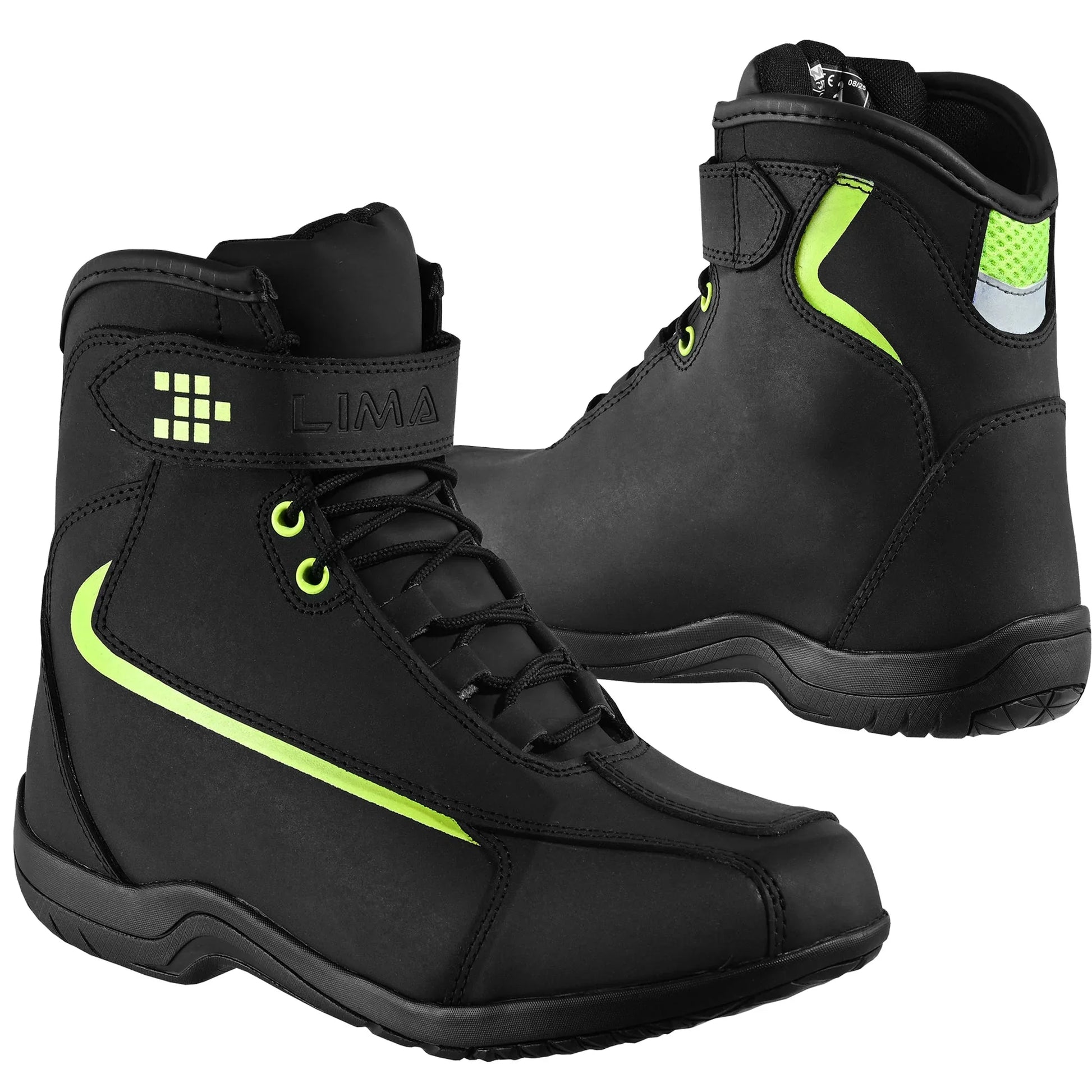 Black sports boots with neon green accents, high-top design, and side branding.