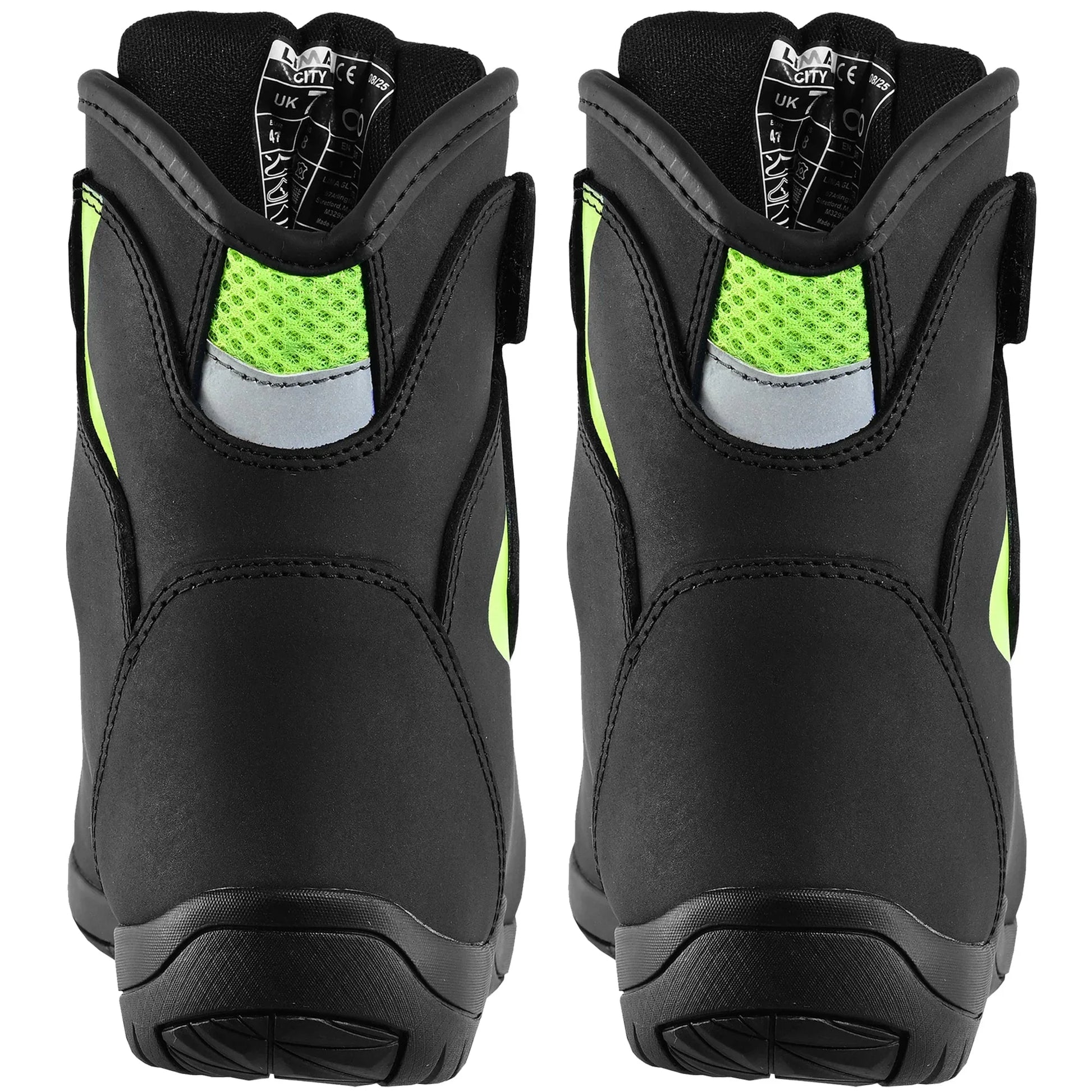 Pair of black sports boots with green mesh and reflective panel, rear view