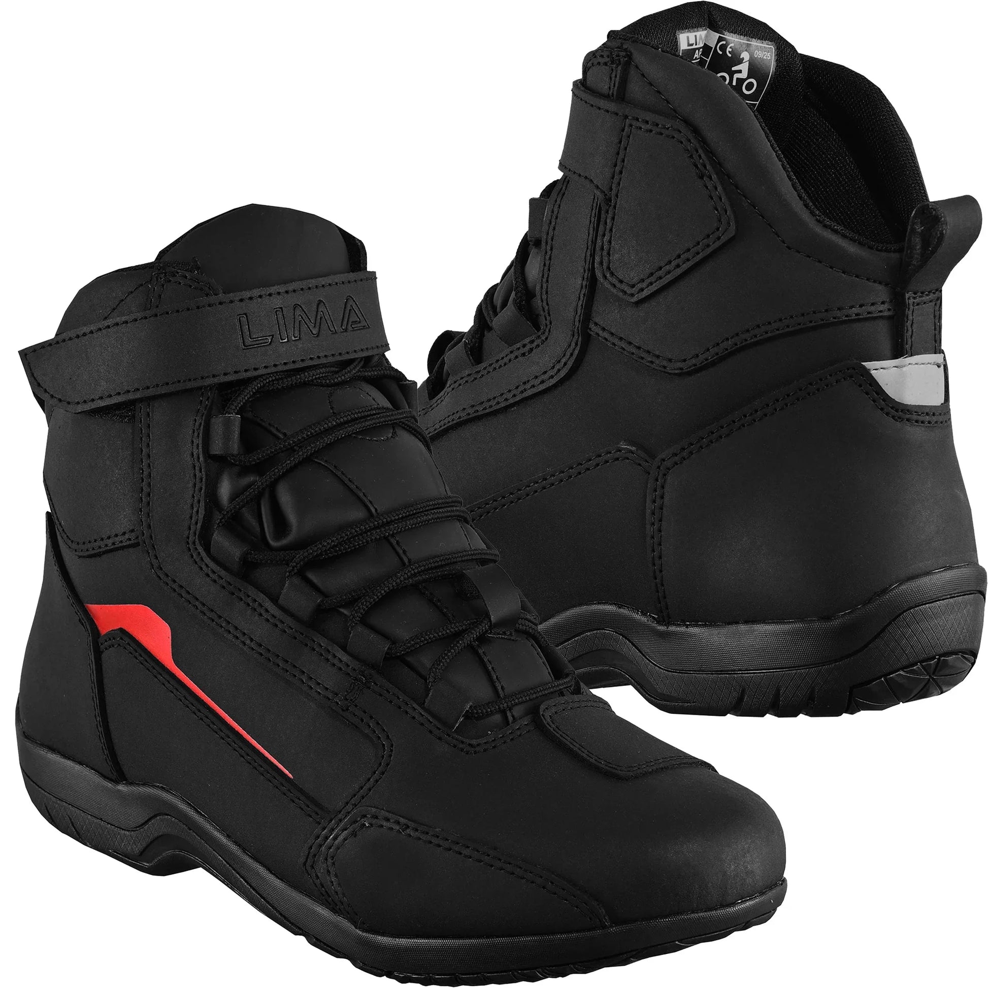 Black high-top sports shoes with red stripe detail and Velcro strap, side and rear view