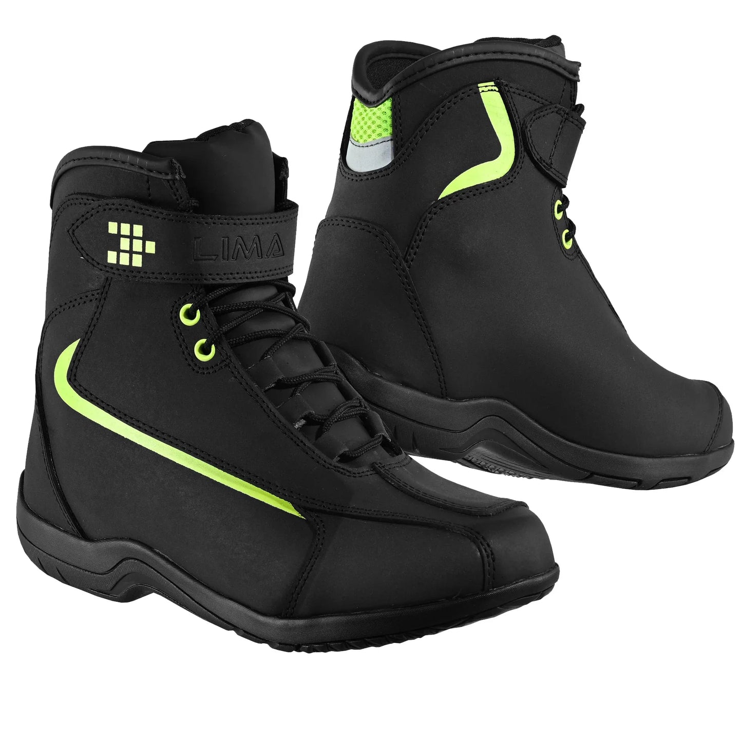 Black athletic boots with neon green accents and high-top ankle support