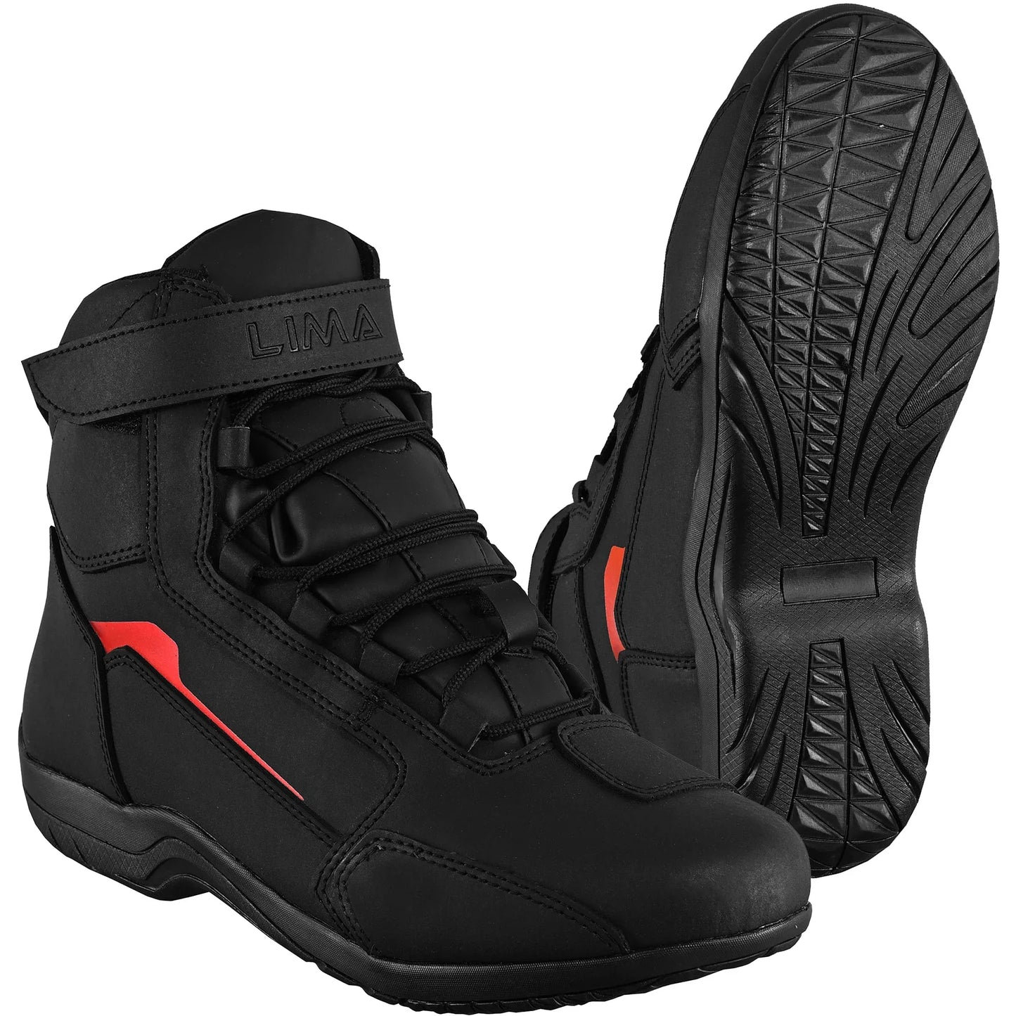 Black high-top sports shoes with red accents, textured sole, and Velcro strap