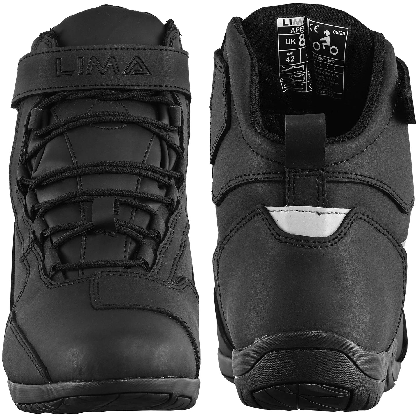 Black high-top sports boots with laces and velcro strap, front and back view