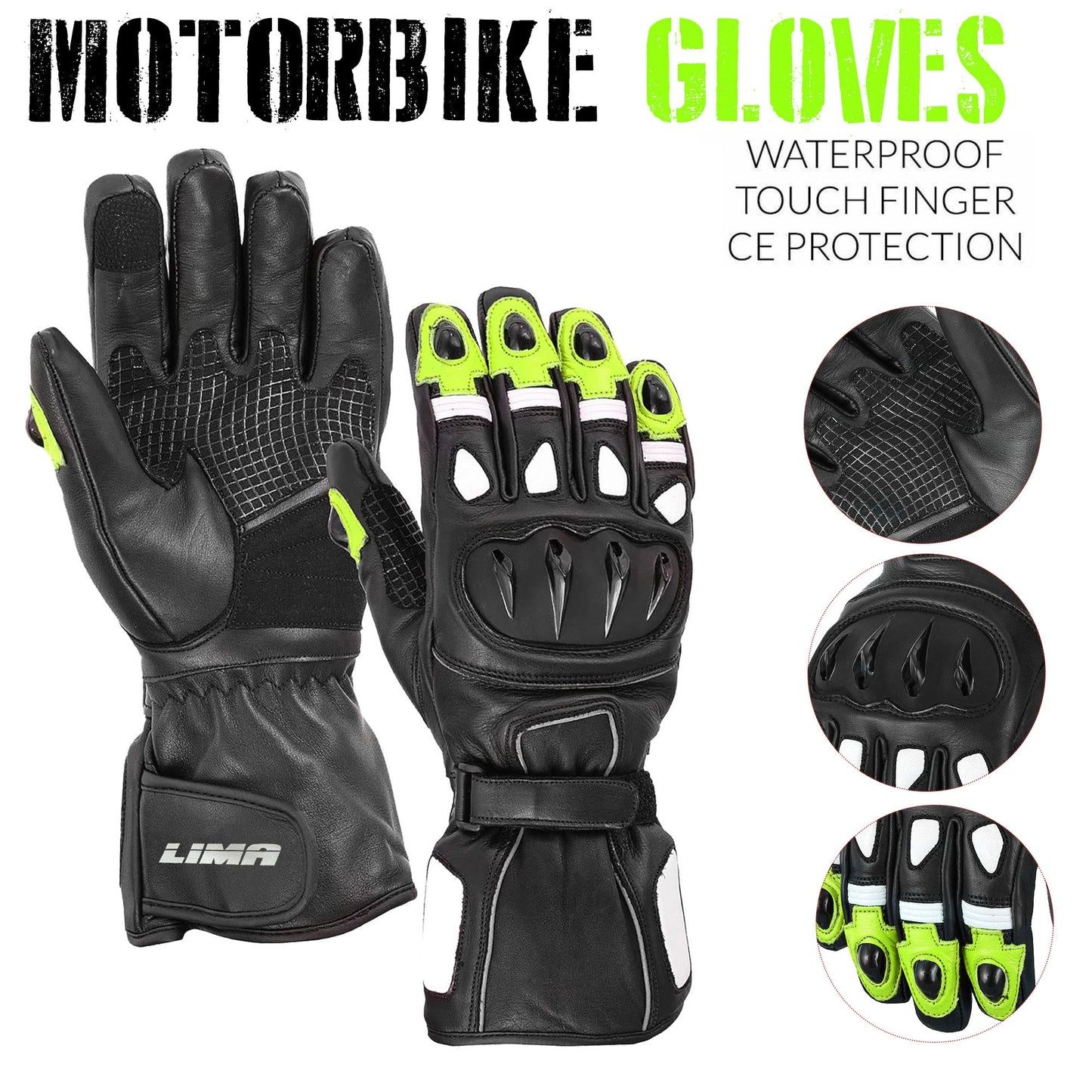 Men Motorbike Textile Leather Gloves Waterproof Padded Knuckles Motorcycle Glove GREEN