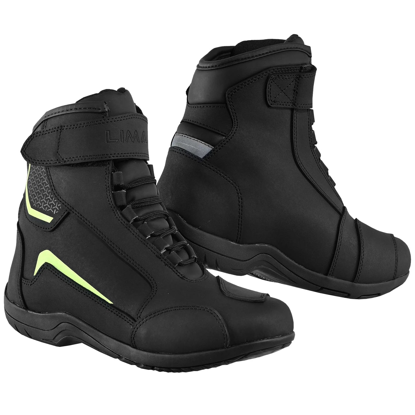 Black motorcycle boots with neon yellow accents and high ankle protection