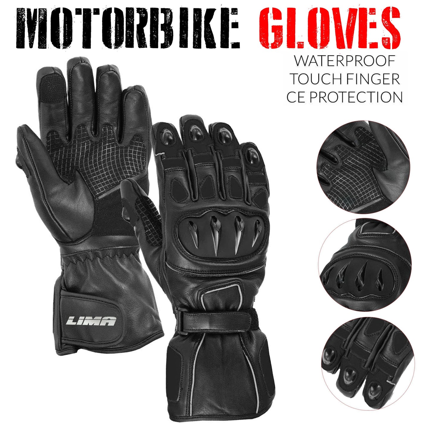 Men Motorbike Textile Leather Gloves Waterproof Padded Knuckles Motorcycle Glove BLACK