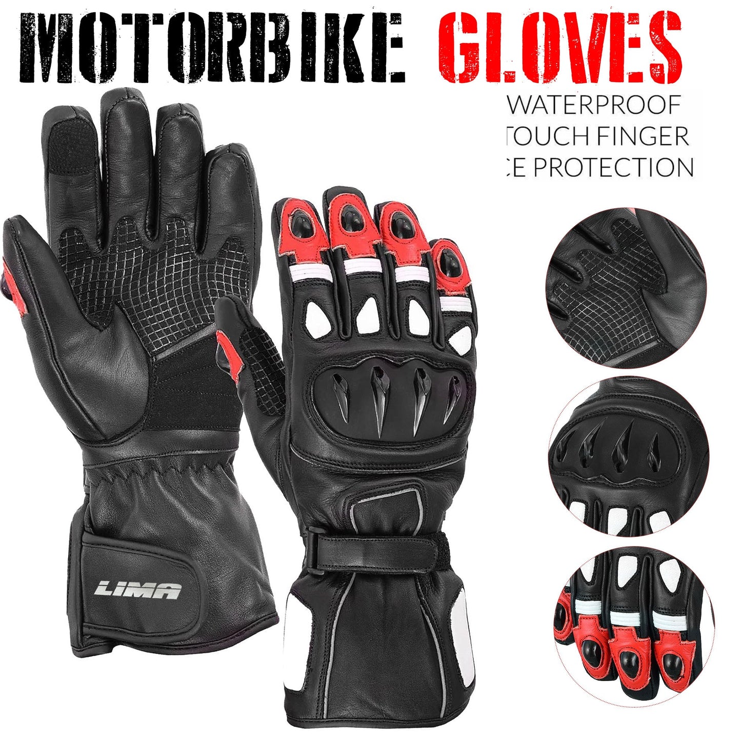 Men Motorbike Textile Leather Gloves Waterproof Padded Knuckles Motorcycle Glove RED