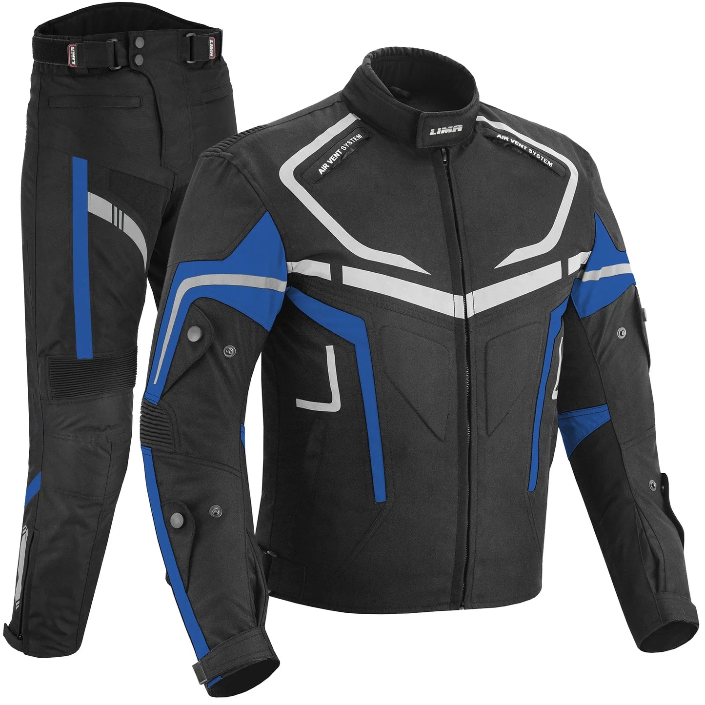 Black motorcycle jacket and pants set with blue and white accents, protective gear