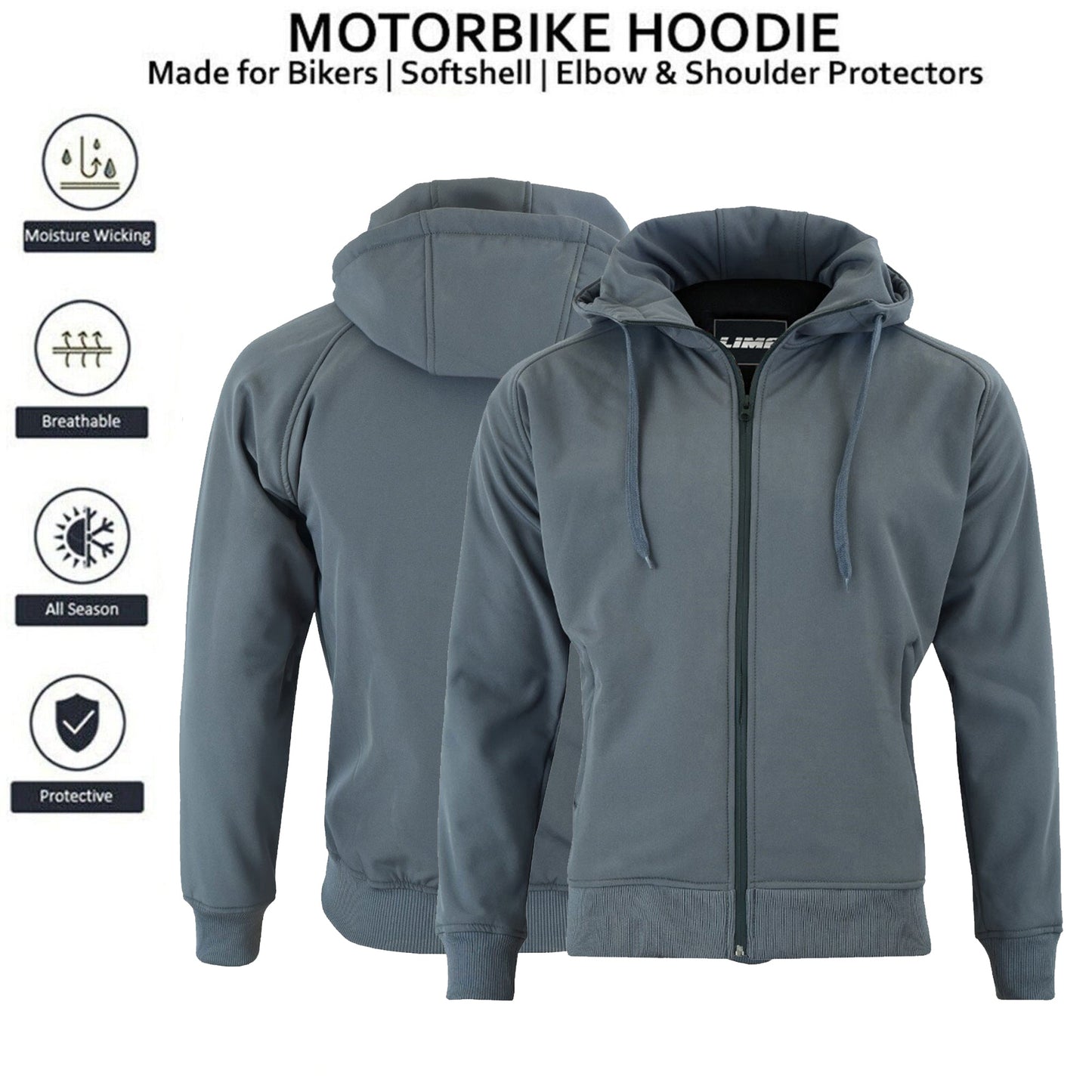 LIMA Men’s Softshell Motorcycle Jacket with Removable CE Armour – Touring Hoodie GREY