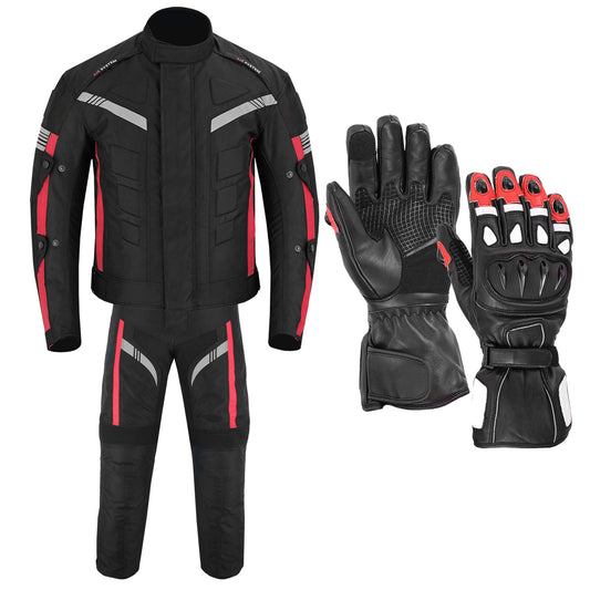 Motorcycle Men Racing Armoured Waterproof Textile Trousers Jacket Motorbike Suit RED WITH GLOVES