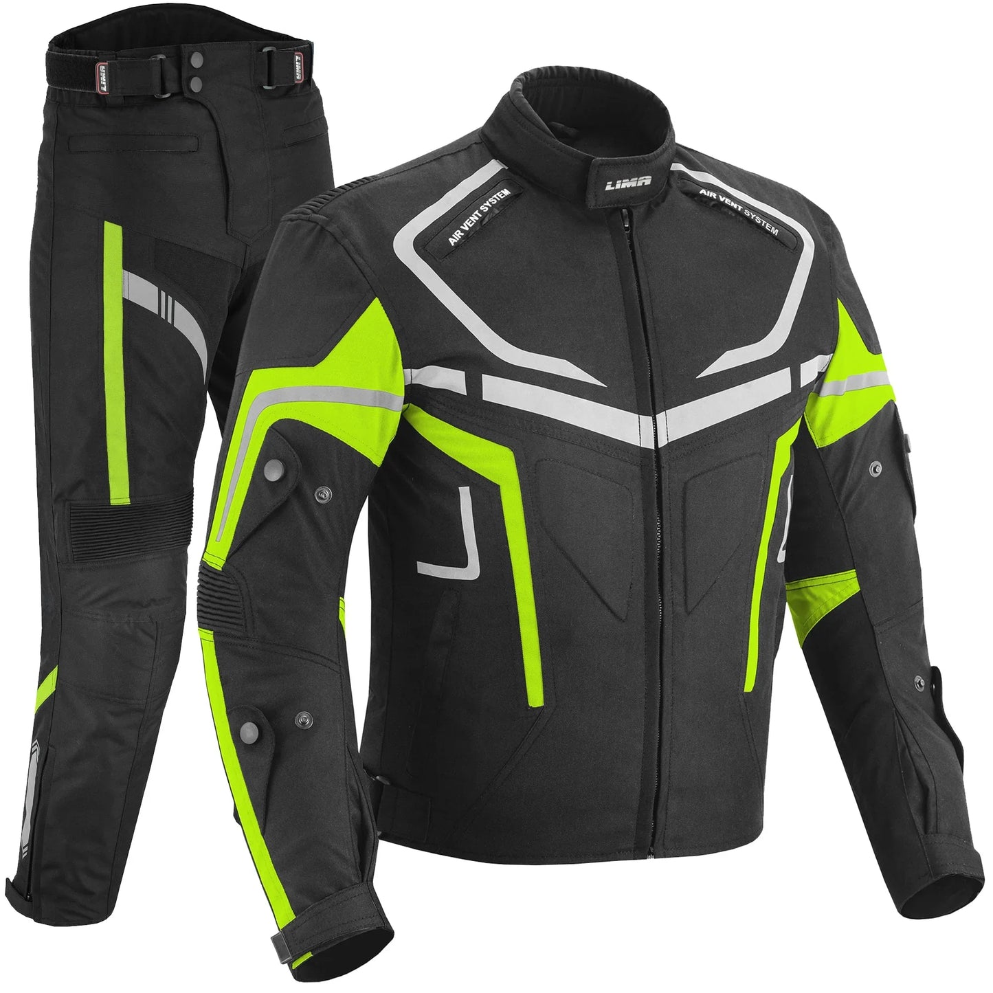 Black and neon yellow motorcycle jacket and pants set with reflective accents