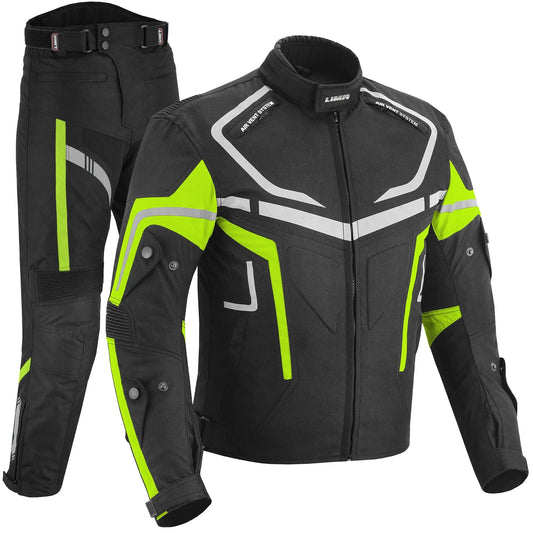 Black and neon yellow motorcycle jacket and pants set with reflective accents