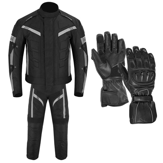 Motorcycle Men Racing Armoured Waterproof Textile Trousers Jacket Motorbike Suit GREY WITH GLOVES