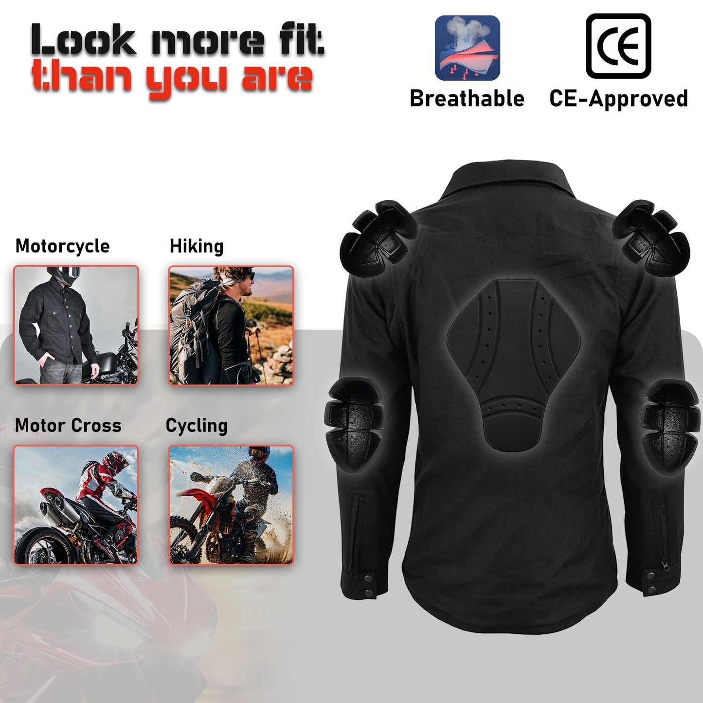 Mens Motorbike Shirt Jacket ARAMID Lined CE Approve Motorcycle Armour Protection Black