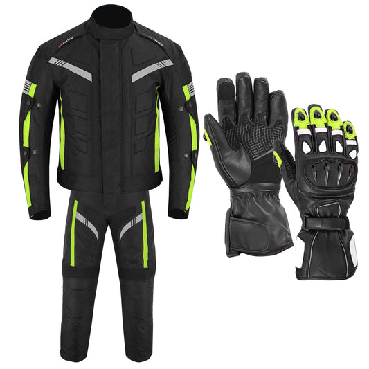 Motorcycle Men Racing Armoured Waterproof Textile Trousers Jacket Motorbike Suit GREEN WITH GLOVES