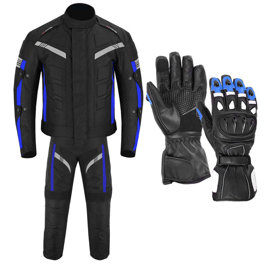 Motorcycle Men Racing Armoured Waterproof Textile Trousers Jacket Motorbike Suit BLUE WITH GLOVES