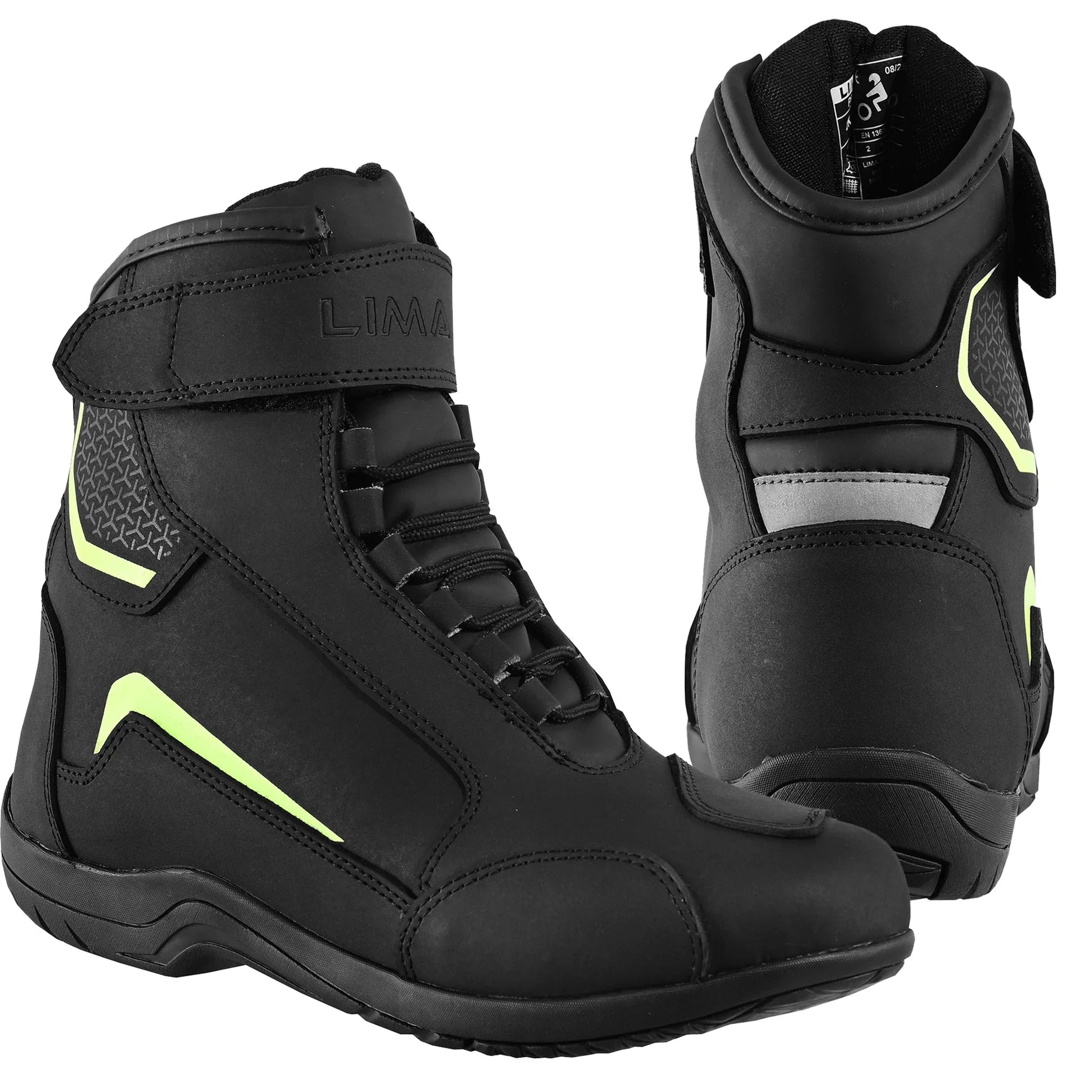 Black motorcycle riding boots with neon yellow accents and velcro strap detailing