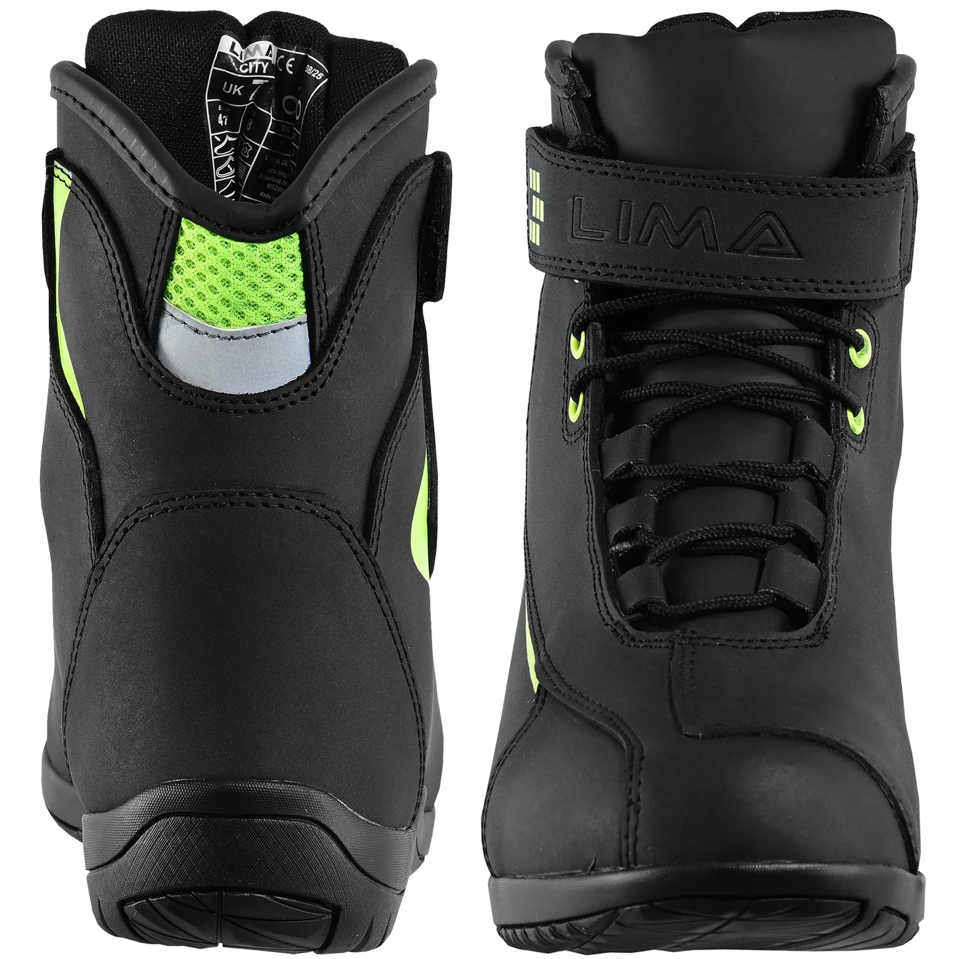 Black athletic high-top boots with neon green accents and LIMA logo, front and back view
