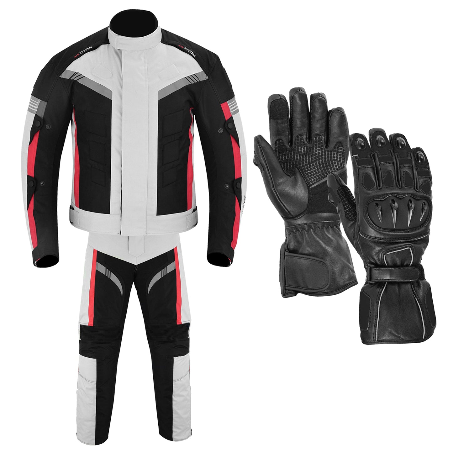 Motorcycle Men Racing Armoured Waterproof Textile Trousers Jacket Motorbike Suit SILVER WITH GLOVES