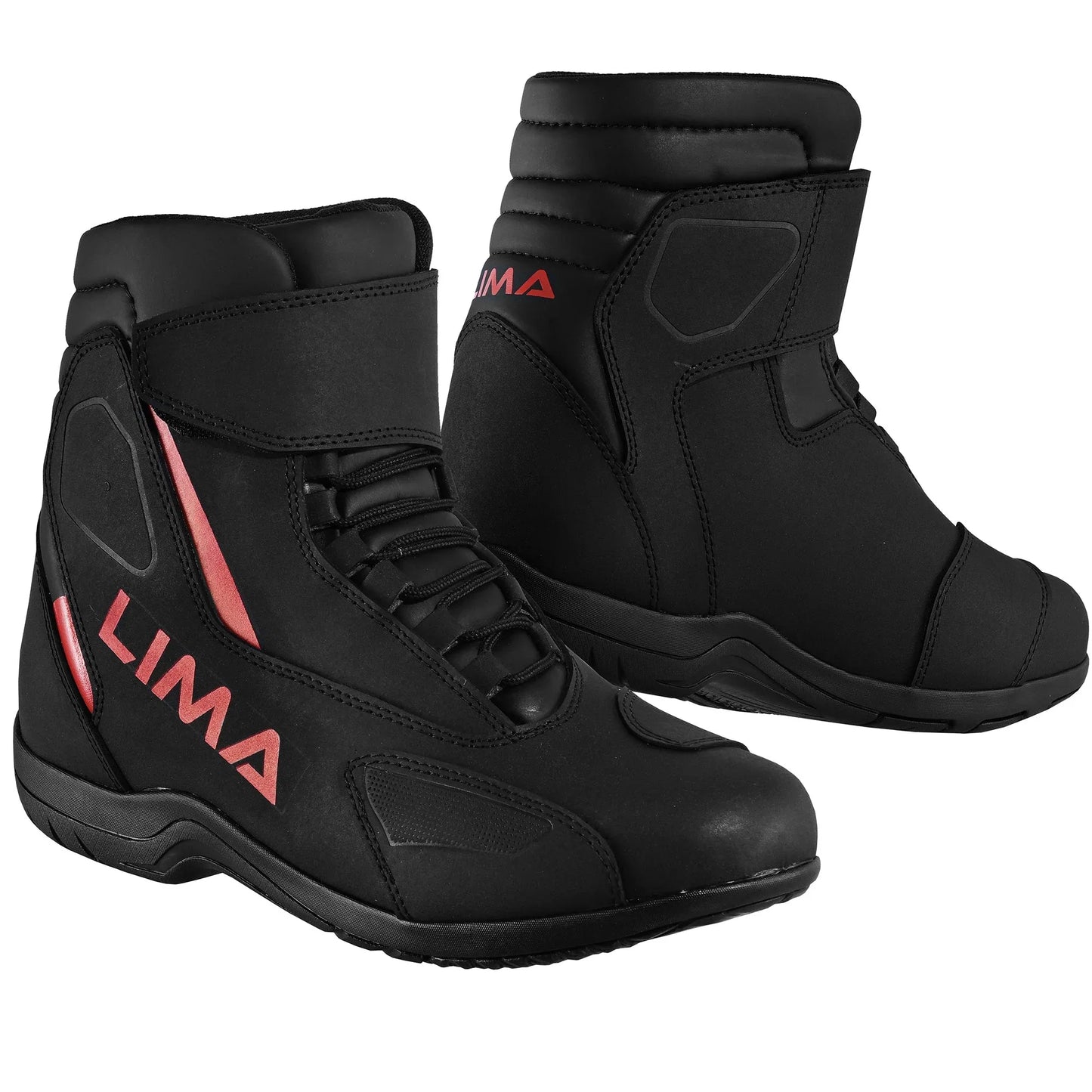 Black sport motorcycle boots with red Lima logo, ankle height, protective panel design