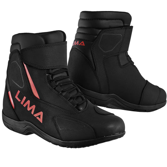 Black sport motorcycle boots with red Lima logo, ankle height, protective panel design