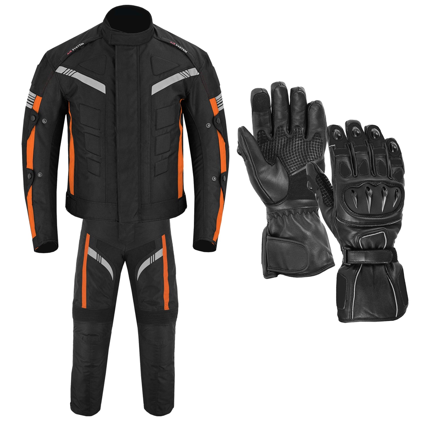 Motorcycle Men Racing Armoured Waterproof Textile Trousers Jacket Motorbike Suit ORANGE WITH GLOVES