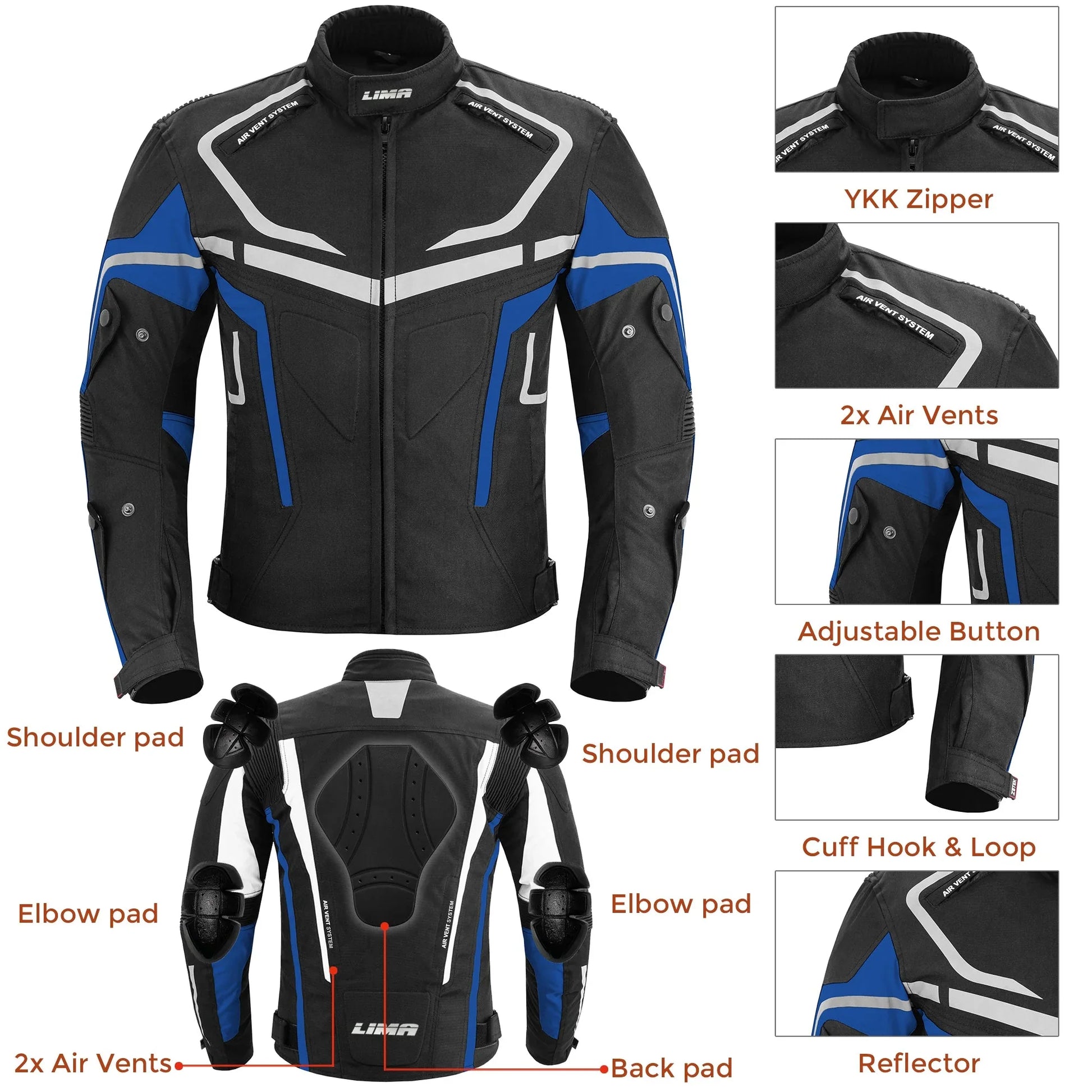 Black and blue motorcycle jacket with shoulder, elbow, and back pads, air vents, and reflective details.