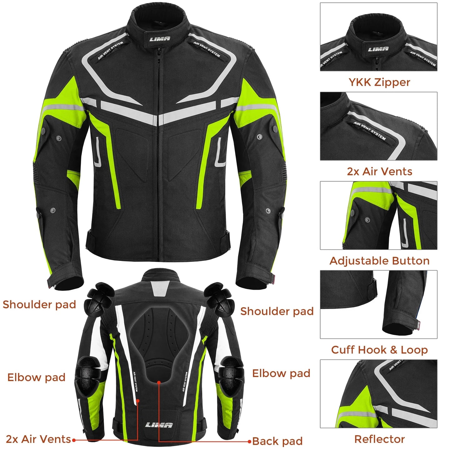 Black and neon green motorcycle jacket with pads, vents, YKK zipper, and reflective details