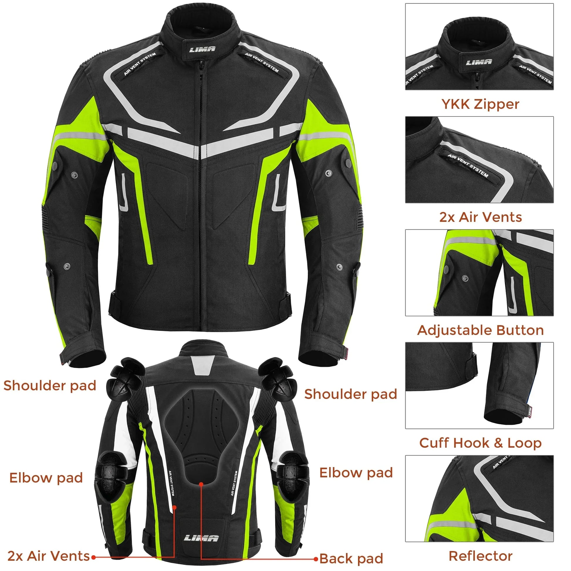 Black and neon green motorcycle jacket with pads, vents, YKK zipper, and reflective details
