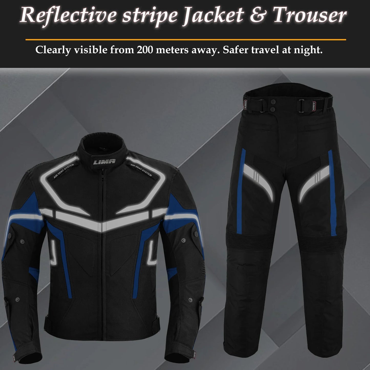 Black and blue motorcycle jacket and trouser set with reflective stripes, night safety gear.