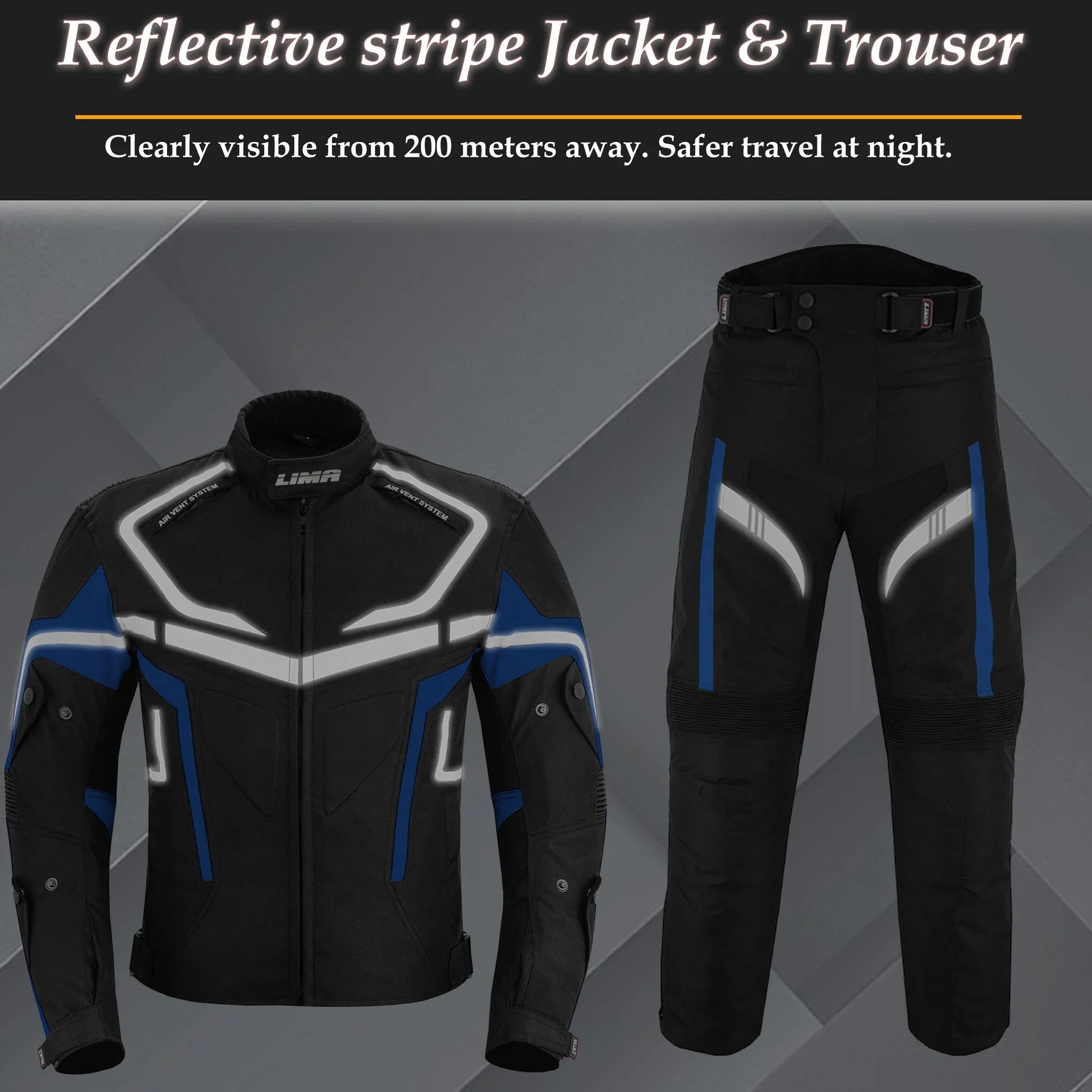 Black and blue motorcycle jacket and trouser set with reflective stripes, night safety gear.