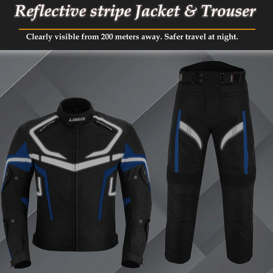 Black and blue motorcycle jacket and trouser set with reflective stripes, night safety gear.