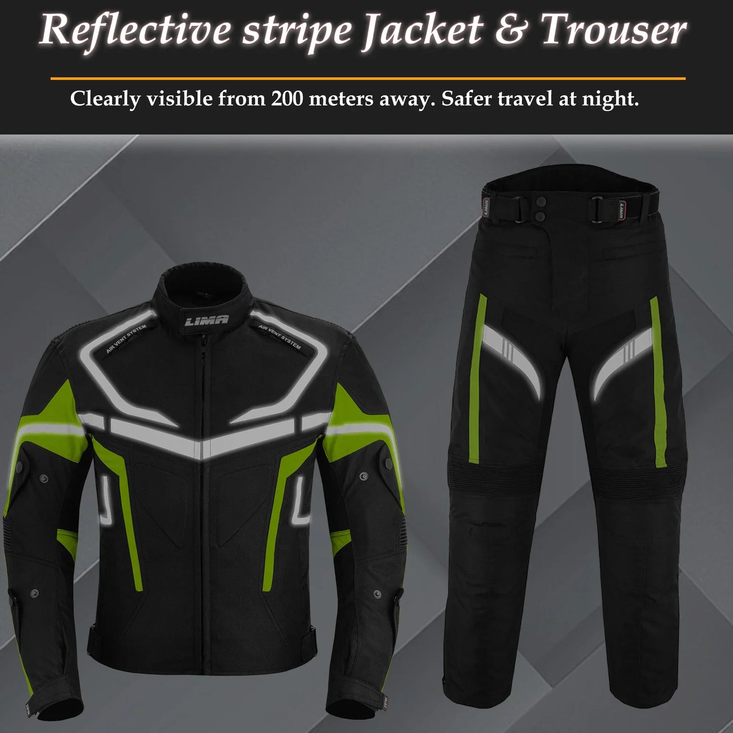 Black and green motorcycle jacket and pants set with reflective safety stripes for night riding.