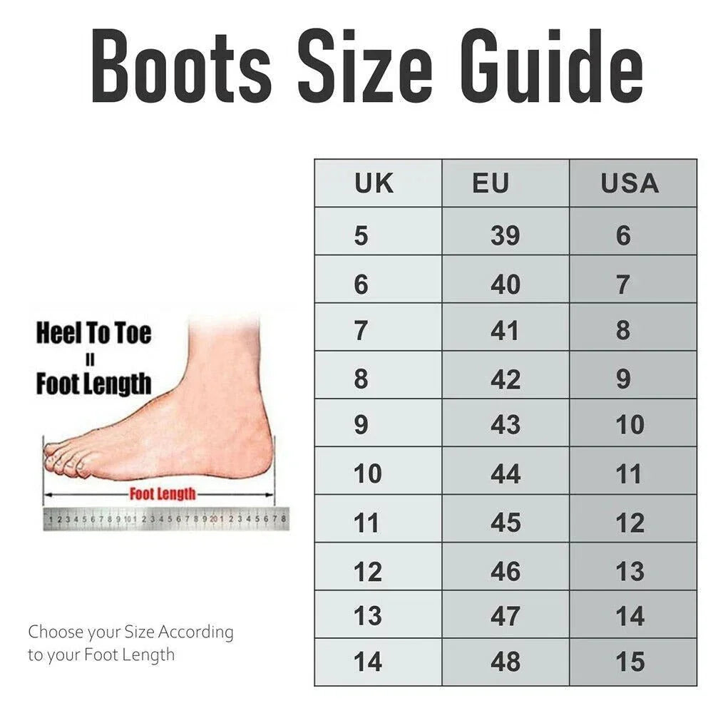 Boots size guide chart showing UK, EU, USA sizes and foot length measurement diagram.