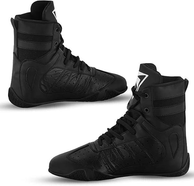 Black high-top boxing shoes with laces, breathable panels, and textured soles