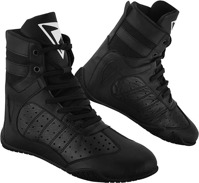 Black boxing shoes with high ankle support, breathable panels, and lace-up closure