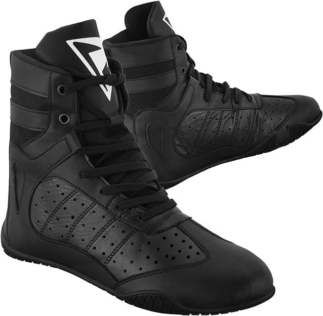 Black breathable boxing shoes with high-top design and perforated panels